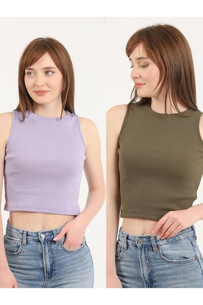 TİODES Γυναικεία Μπλούζα 2 τεμαχίων με λαιμόκοψη σε λιλά χακί