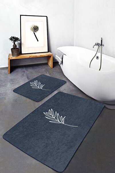 Realhomes Düz Renk Zemin Yaprak Çizimli Dijital Baskılı 2'li Kaymaz Tabanlı B...