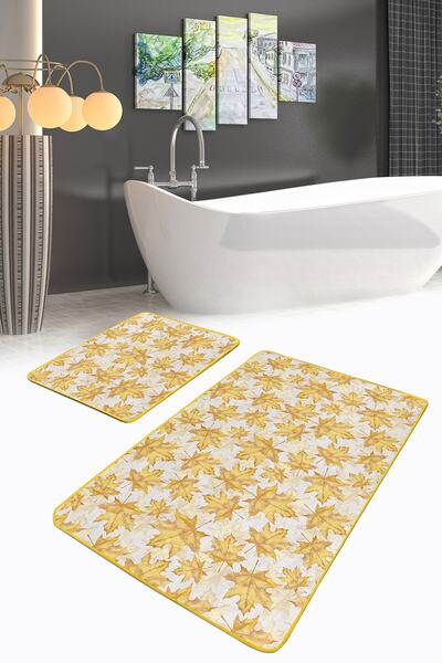 Realhomes Gold Leaves Special Design Digital Printed 2-Piece Non-Slip Base Ba...