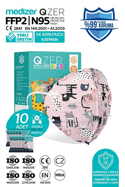 Medizer Qzer 10 Adet 5 Katmanlı Pembe Sevimli Kediler Desenli Çocuk Ffp2 Maske