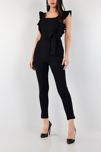 Secret Passion Lingerie Black Flexible Fabric Ruffled Self-Belt Detailed Evening Dress, Jumpsuit, Evening Dress and Graduation Dress 106