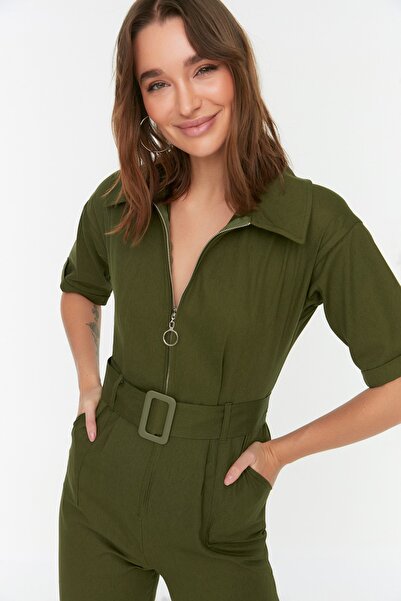 Trendyol Collection Detailní tkaná kombinéza s khaki páskem na zip TWOSS20TU0064