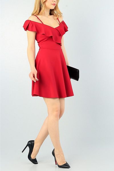 Secret Passion Lingerie Red Flared Evening Dress - Flounce Detail, Thin Straps, Flexible Crepe Evening Dress 077