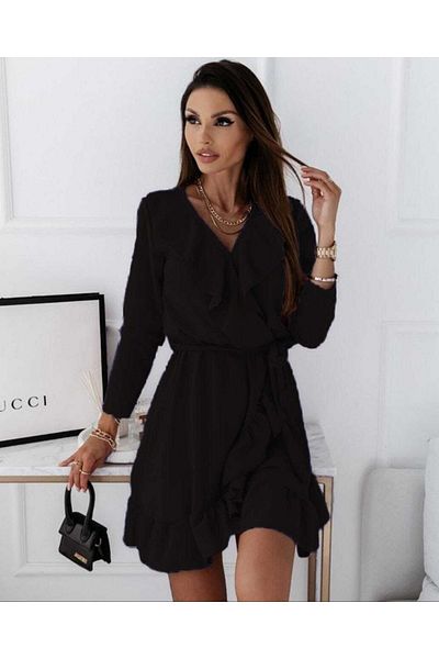 Secret Passion Lingerie Ελαστικό μαύρο κρεπ ύφασμα με διπλό στήθος γιακά με λεπτομέρεια βραδινό φόρεμα με ελαστική μέση και κορδόνια 581842   631