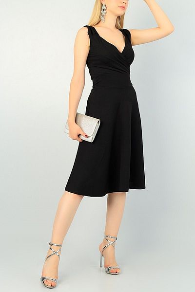 Secret Passion Lingerie Lycra Fabric Gather Detailed V-Neck Double Breasted Sleeveless Black Evening Dress Black Graduation Dress 094