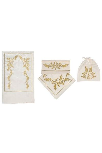 Çeyiz Bahçesi Cream Colored Kadama Luxury Embroidered Prayer Rug Set
