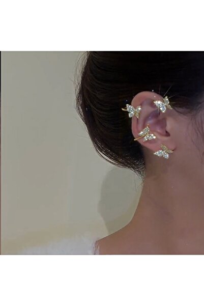 Aksesdunya Gold Renk Tekli Taşlı Kelebek Sağ Earcuff Kıkırdak Küpe