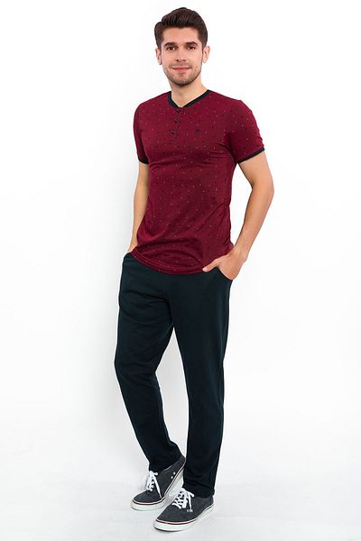 Arnetta Men's Burgundy Color Patterned Buttoned Short Sleeve Long Pants Pajama Set