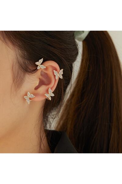 Aksesdunya Kelebek Kancalı Taşlı Kıkırdak Earcuff Gold Küpe