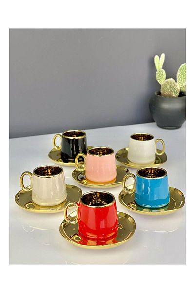 ACAR Jade Gold Porcelain Coffee Cup Set for 6 People - Gilded, Colorful 12122