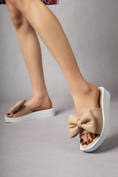 Freemax Εγγυημένες γυναικείες ημερήσιες παντόφλες με λεπτομέρεια φιόγκου - Ppl.4040 Skin