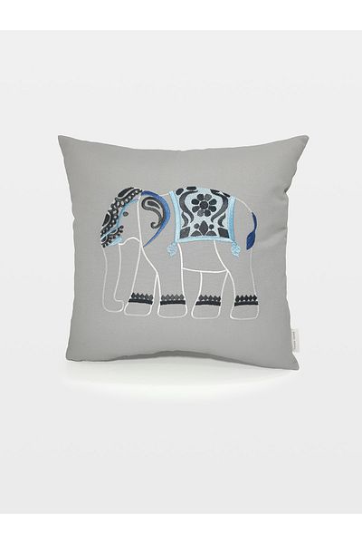 Tanem Home Țesătură de in cu model elefant autentic brodat 42x42 cm husă de pernă gri