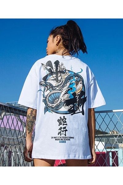 DEEPSENCE Unisex Oversize Snake Back Print White T-shirt