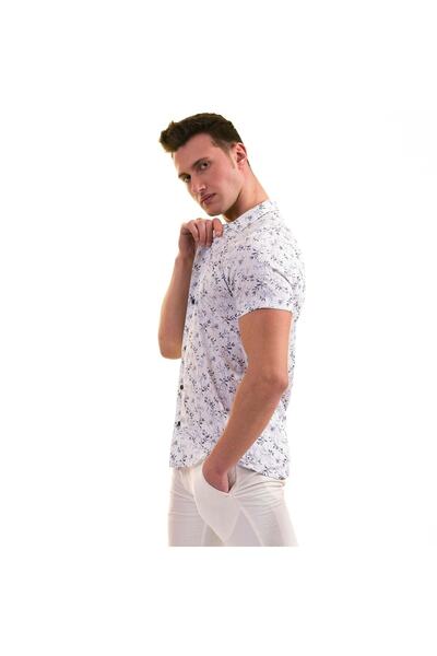 Exve Exclusive Мъжка риза с къс ръкав, дишаща, с принт на листа в бяло и синьо