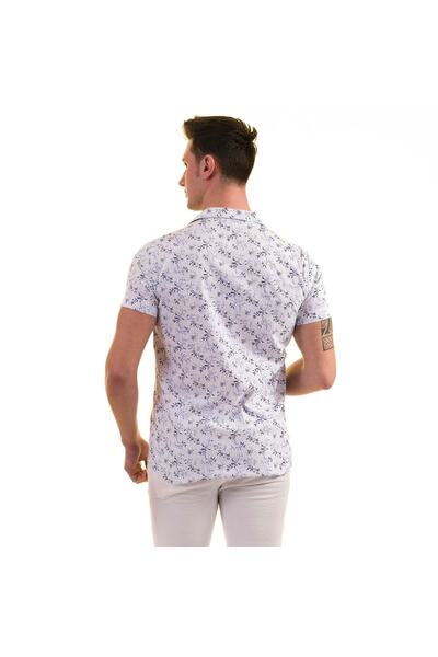 Exve Exclusive Мъжка риза с къс ръкав, дишаща, с принт на листа в бяло и синьо