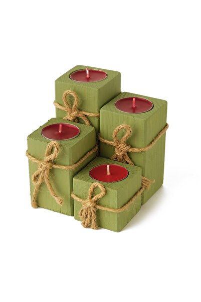 Adahşap Yeşil Tealight Ahşap Mumluk 4'lü Set
