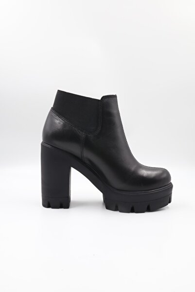 Impero Hakiki Siyah Deri Yüksek Kalın Topuklu Lastikli Bot