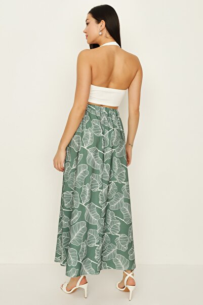 Select Moda Women's Khaki Patterned Belted Flounce Long Skirt