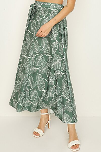 Select Moda Women's Khaki Patterned Belted Flounce Long Skirt