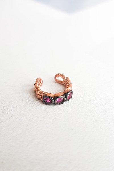 MorMajor Silver 3 Taşlı Siyah Kalemli Pembe Zincir Gümüş Kıkırdak Küpe