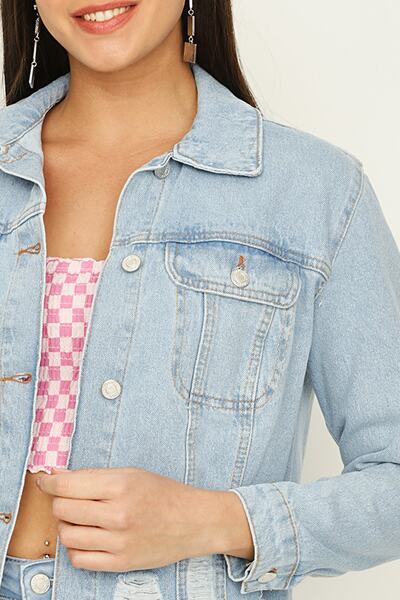 Select Moda Jachetă de damă, albastru deschis, cu nasturi, cu ciucuri