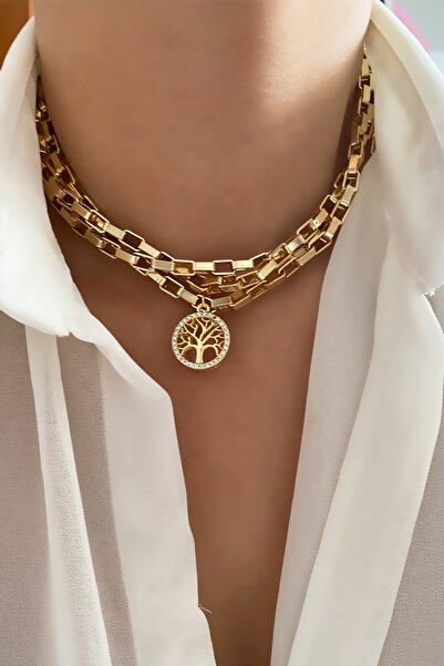 Liveyn Design قلادة شجرة الحياة بسلسلة هندسية بثلاثة صفوف