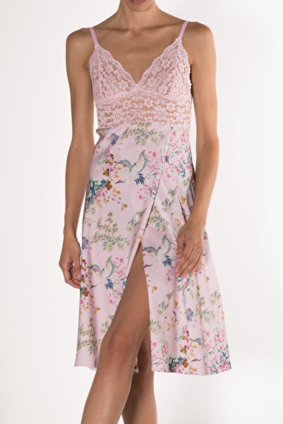 kingspearl Miorre Dantel Detaylı Çiçek Desenli Saten Gecelik