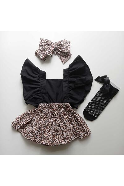 Şeker grup Kız Bebek Leopar Salopet Elbise Çorap Ve Bandana Dahil