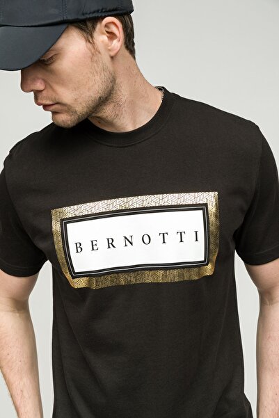 BERNOTTİ Sıfır Yaka T-shirt Siyah Beyaz Varak Baskılı Basic Erkek