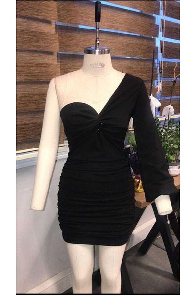 Secret Passion Lingerie Μαύρο κρεπ ύφασμα μπροστινό πλάι σταυρωτό κόμπος λεπτομέρεια Shirred μονό μανίκι βραδινό φόρεμα 581972   660