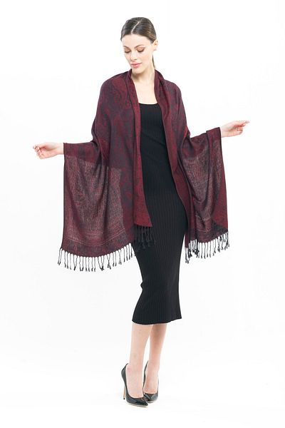 K&B PASHMINA Shawl - Pashmina Wool - 70x180 Cm - Black Claret Red - Polyester Free