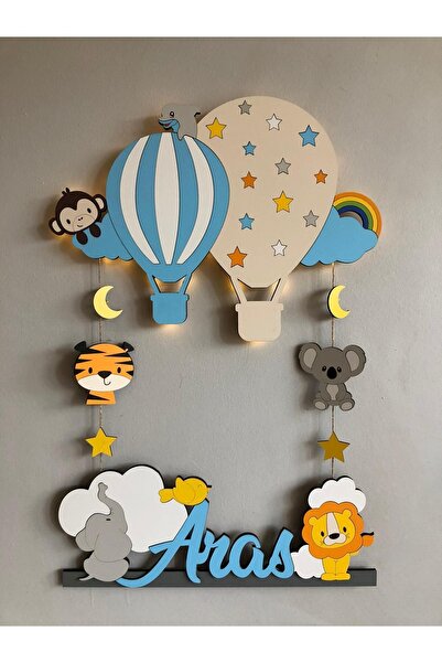 Atölye Selçukum Balonlu Hayvanlı Işıklı Bebek Ahşap Kapı Süsü