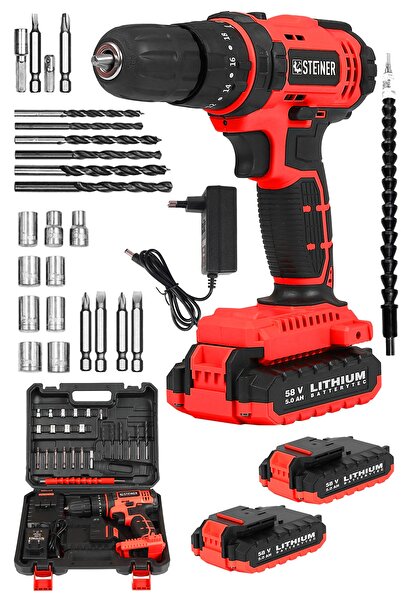 STEİNER Alman 58 V 5 Ah Darbeli Lithium Çift Akülü Metal Şanzıman Bakır Sargılı Akülü Vidalama Matkap 24 Set