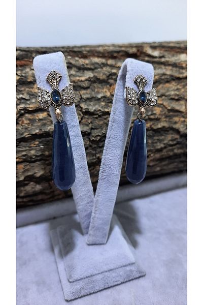 TMD AKSESUAR Navy Blue Zircon Stone Body Drop Stem in Bird Mouth Sapphire Natural Stone Ancient Earrings