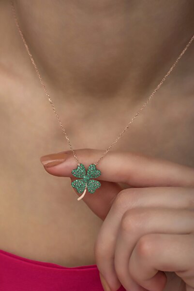 Nereze 925 Ayar Gümüş Yeşil Zirkon Taşlı Yonca Kolye