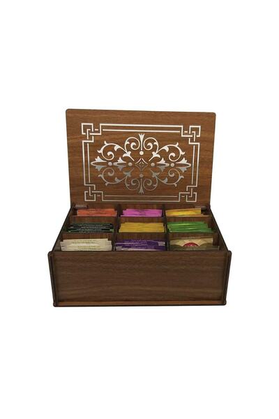 VoleeCraft Tea Box Teabox 9 Compartments, 45 Pieces Mixed Herbal-Fruit Tea, Brown (WALNUT) Patterned