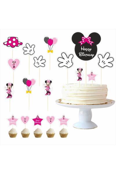 SİYAH PARTİ EVİ Mini Mouse Pembe Pasta Süsü Kürdan Takımı