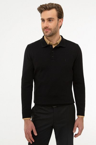 Pierre Cardin Men's Black Slim Fit Polo Collar Basic Knitwear Sweatshirt