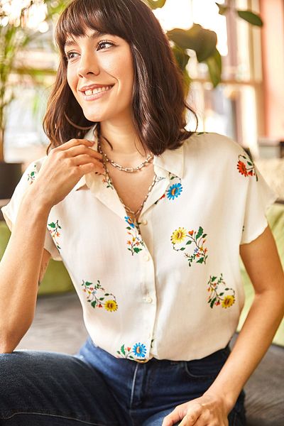 Olalook Dámská tkaná košile Ecru Little Floral Bat GML-19000576