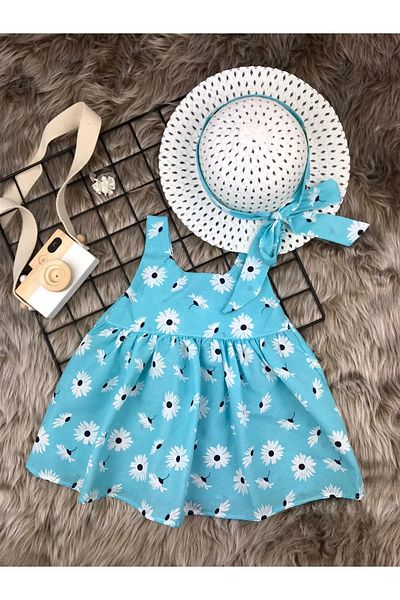 Minizade Summer Baby Girl Dress with Big Daisy Flower Hat
