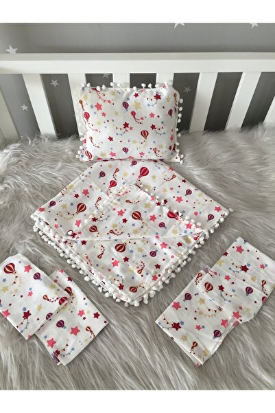 Jaju Baby Kırmızı Uçan Balon Desenli Müslin Battaniye Mendil Ve Yastık 6 Parç...