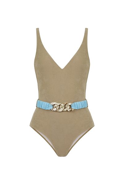 AQUELLA V-Neck Suede Textured Oil Green Swimsuit