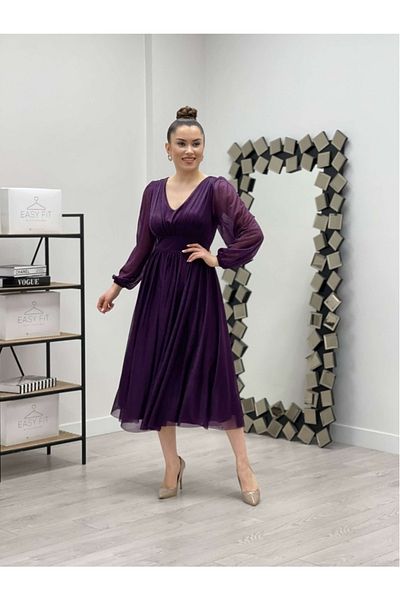 giyimmasalı Glitter Detailed Midi Φόρεμα - Μωβ