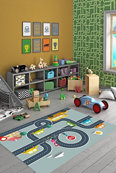 on the clouds Araba Yollu Trafik Yolu Oyun Halısı Dijital Baskılı Kaymaz Taba...