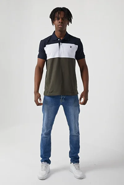 Sporting Men's Green White Navy Blue Color Block Polo Collar T-shirt