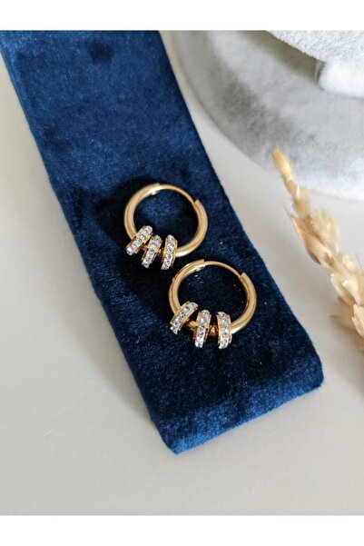 SU PERİSİ TAKI BİJUTERİ Çelik Gold Zirkon Taşlı Halka Küpe