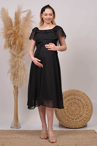 Neşeli Butik Γυναικείο μαύρο μίντι μήκους γιακά Madonna σιφόν φόρεμα εγκυμοσύ...