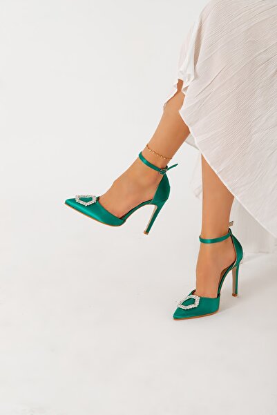 La Limar Pantofi cu toc pentru femei Limar, verde, satinat, cu detaliu, curea la gleznă, 10,5 cm, vârf ascuțit