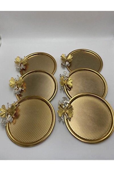 Genel Markalar Yuvarlak 6 Lı Gold Çay Kahve Servis Ikram Ve Sunum Tepsisi 23 Cm Kelebek Aksesuarlı Noktalı Lüx Sunu