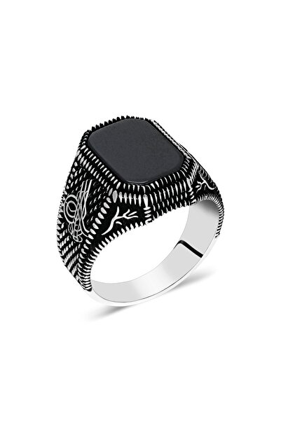 ceren gümüş 925 Ayar Gümüş Dörtgen Siyah Oniks Taşlı Tuğra Motifli Erkek Yüzük